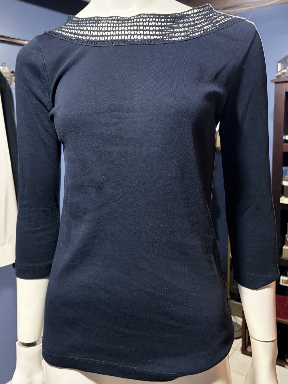 Grace Navy Three-Quarter Sleeve Knit Top with Embroidered Boat Neck
